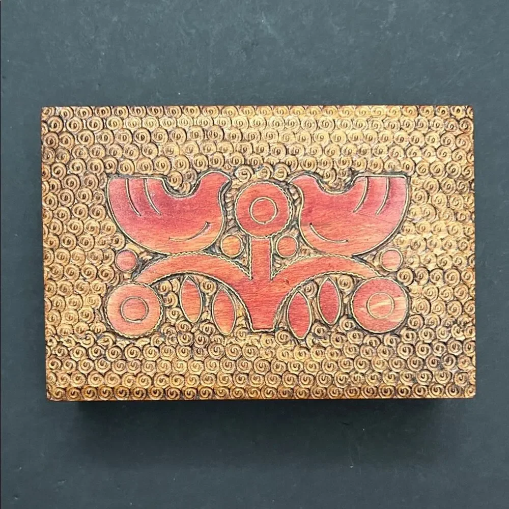 Vintage Carved Wooden Jewelry Box with Dove Accents